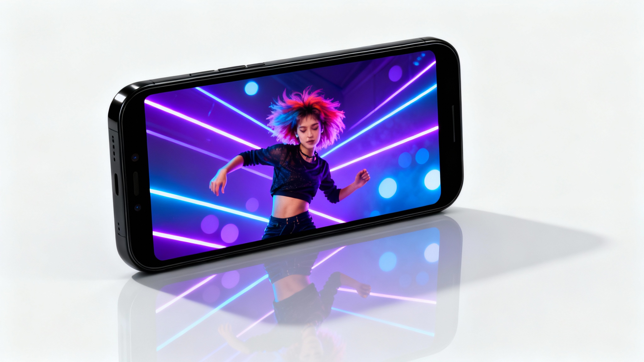 A modern smartphone mockup on a white background, with its screen showing a dynamic and colorful video of a person dancing, representative of a TikTok video.
