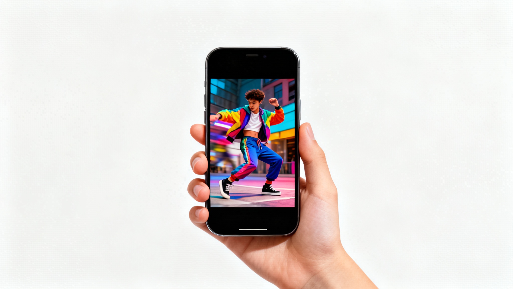 A hand holds a smartphone displaying a vibrant TikTok dance video. The background is plain white, highlighting the phone's screen.
