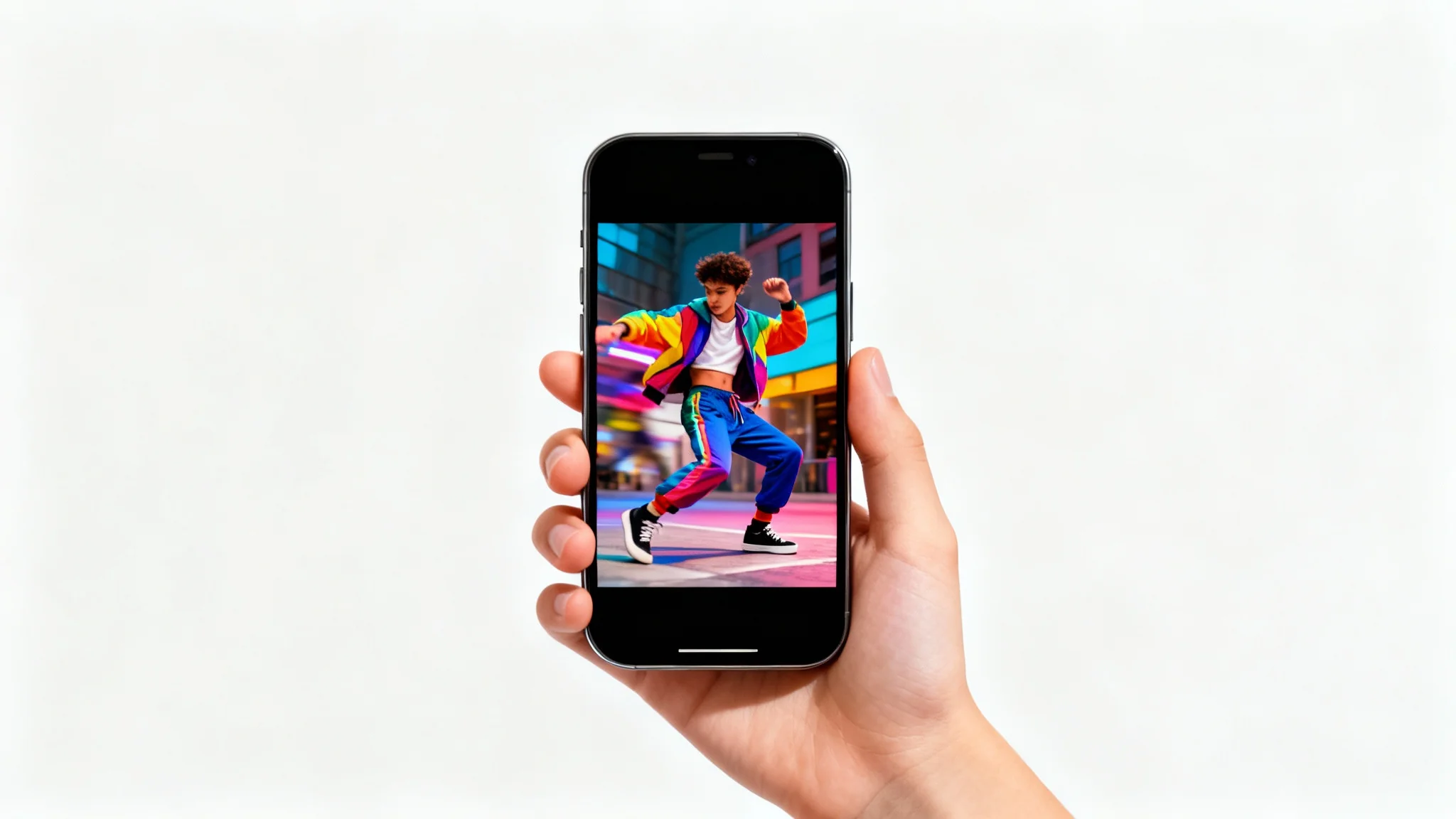A hand holds a smartphone displaying a vibrant TikTok dance video. The background is plain white, highlighting the phone's screen.
