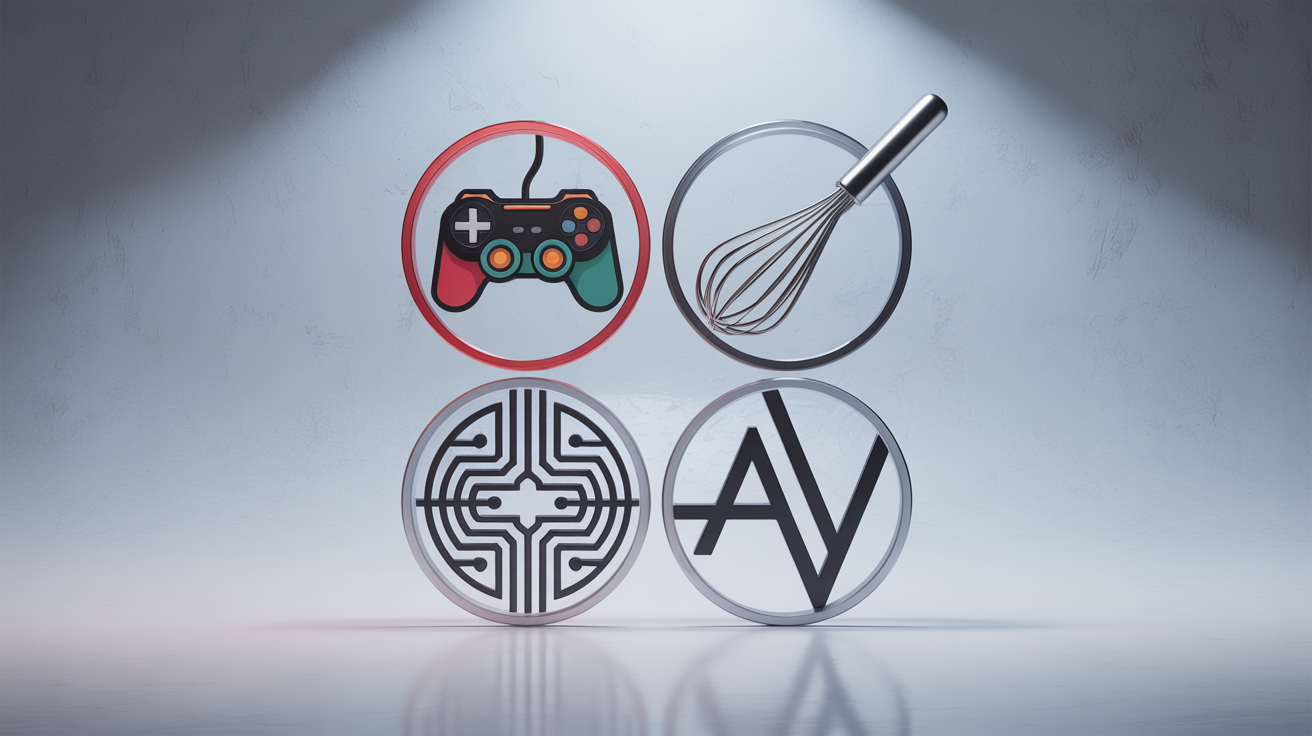 A collection of four modern YouTube channel icons displayed in a 2x2 grid on a light background, showcasing different professional designs for gaming, cooking, tech, and lifestyle channels.
