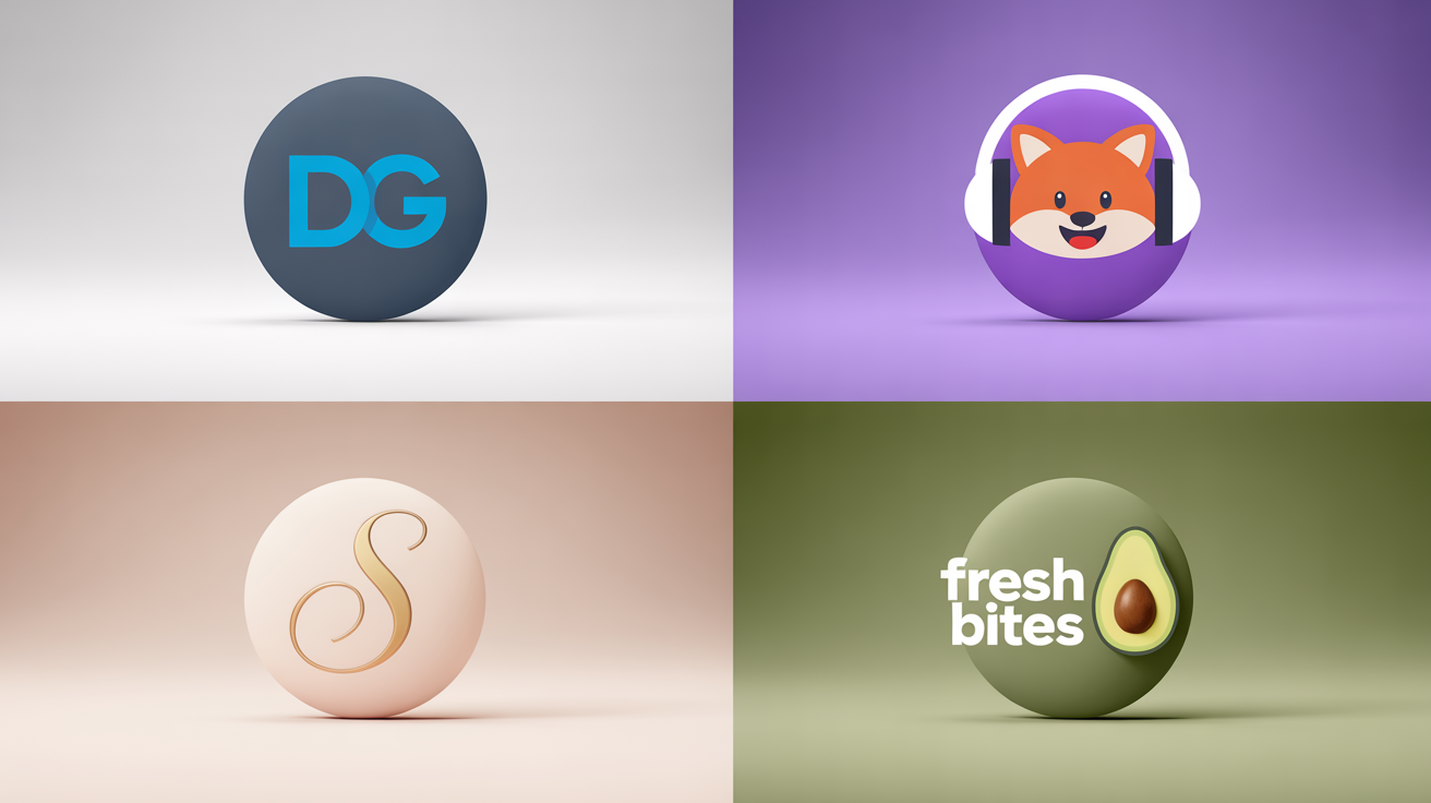 A collection of four professionally designed YouTube channel icons on a white background: a minimalist blue and gray tech monogram 'DG', a cartoon fox for gaming, an elegant gold initial 'S' on pink for lifestyle, and a green avocado icon for a food channel named 'Fresh Bites'.