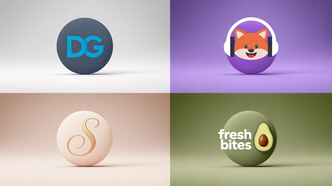 A collection of four professionally designed YouTube channel icons on a white background: a minimalist blue and gray tech monogram 'DG', a cartoon fox for gaming, an elegant gold initial 'S' on pink for lifestyle, and a green avocado icon for a food channel named 'Fresh Bites'.