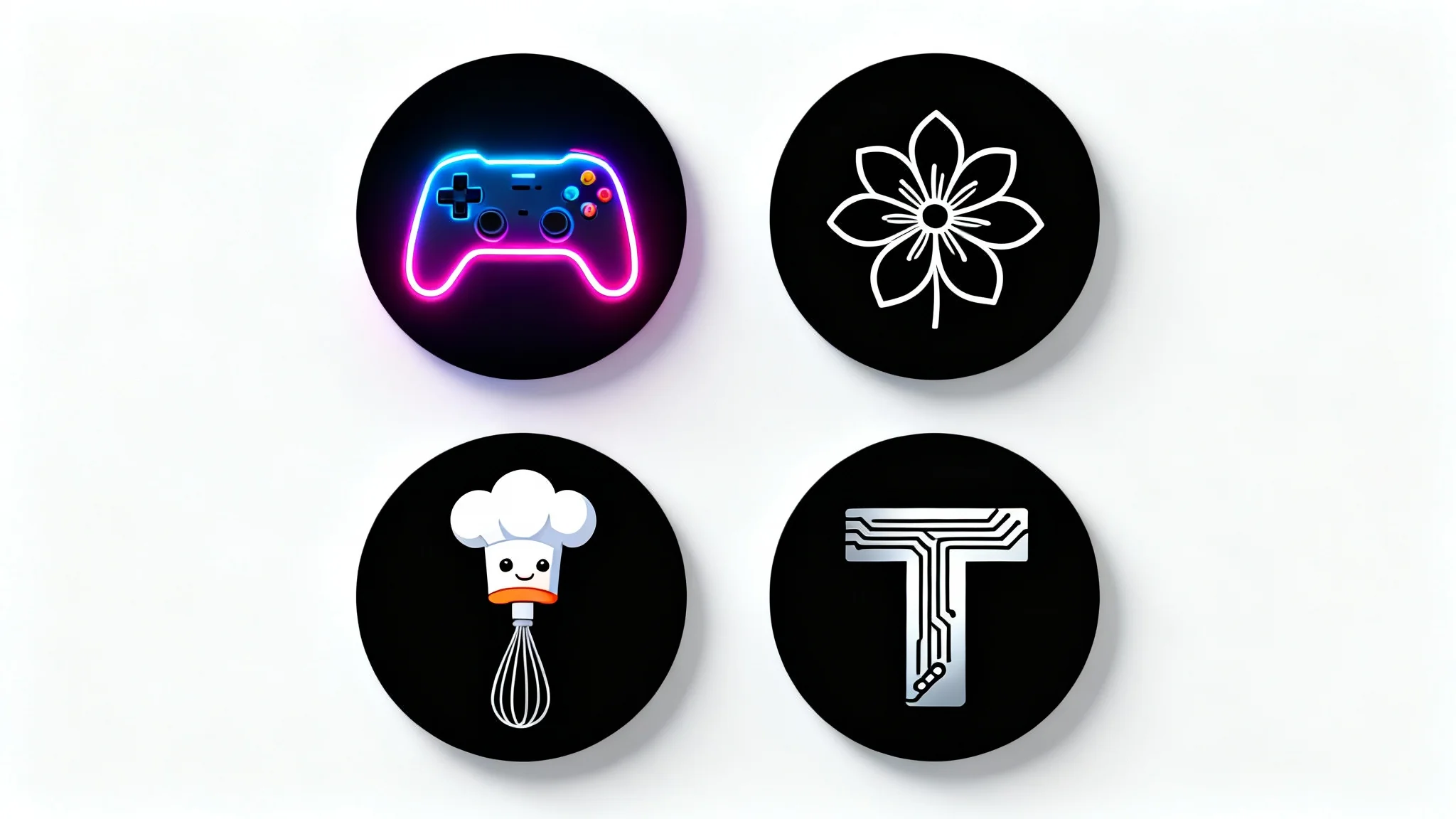 A collection of four sample YouTube channel icons for different niches, including gaming, beauty, cooking, and tech, displayed in a grid on a white background.