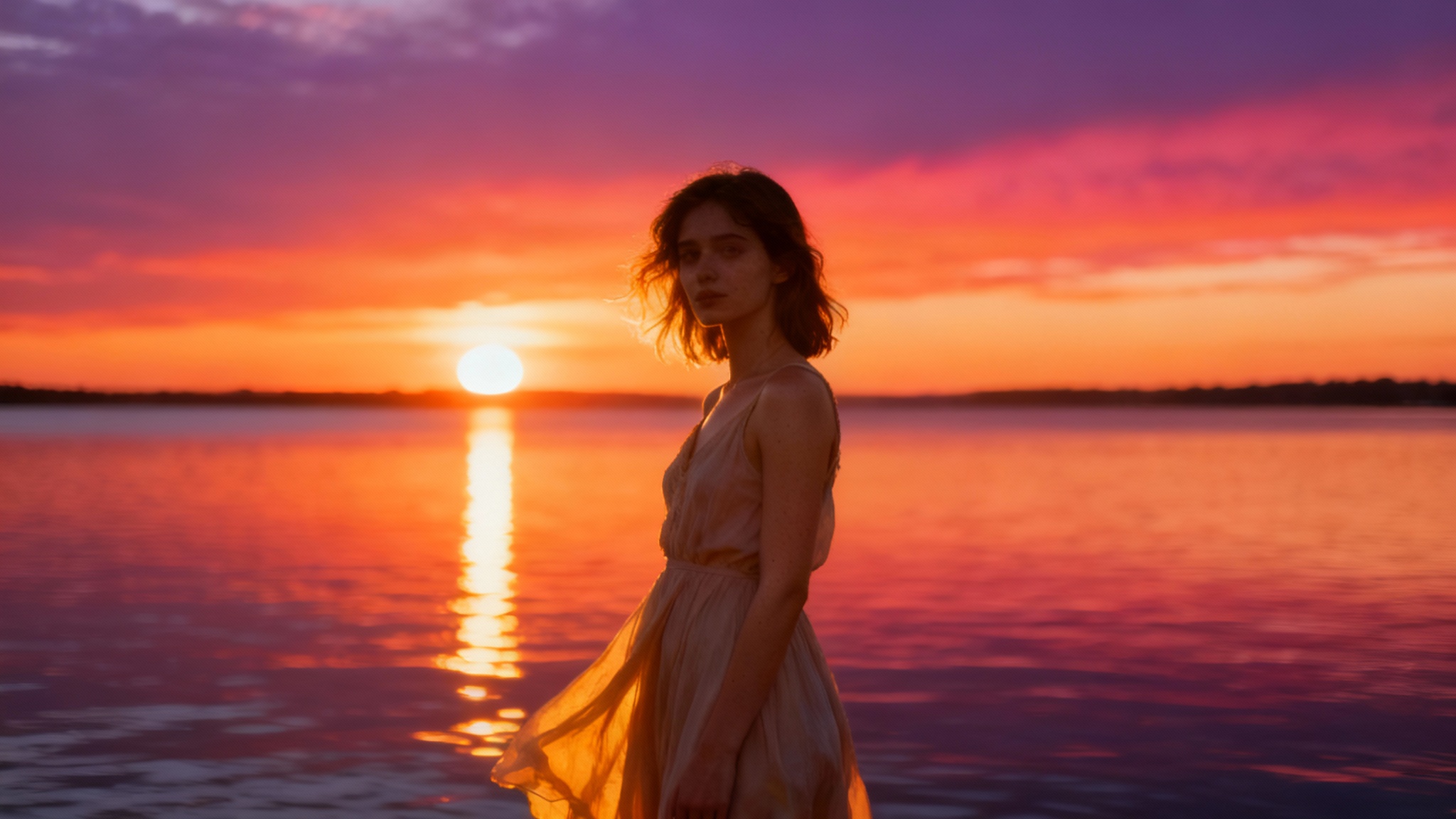 A full-body photograph of a woman in a flowing dress seamlessly placed in front of a spectacular and dramatic sunset over the ocean, representing a final design created with a background replacement tool.