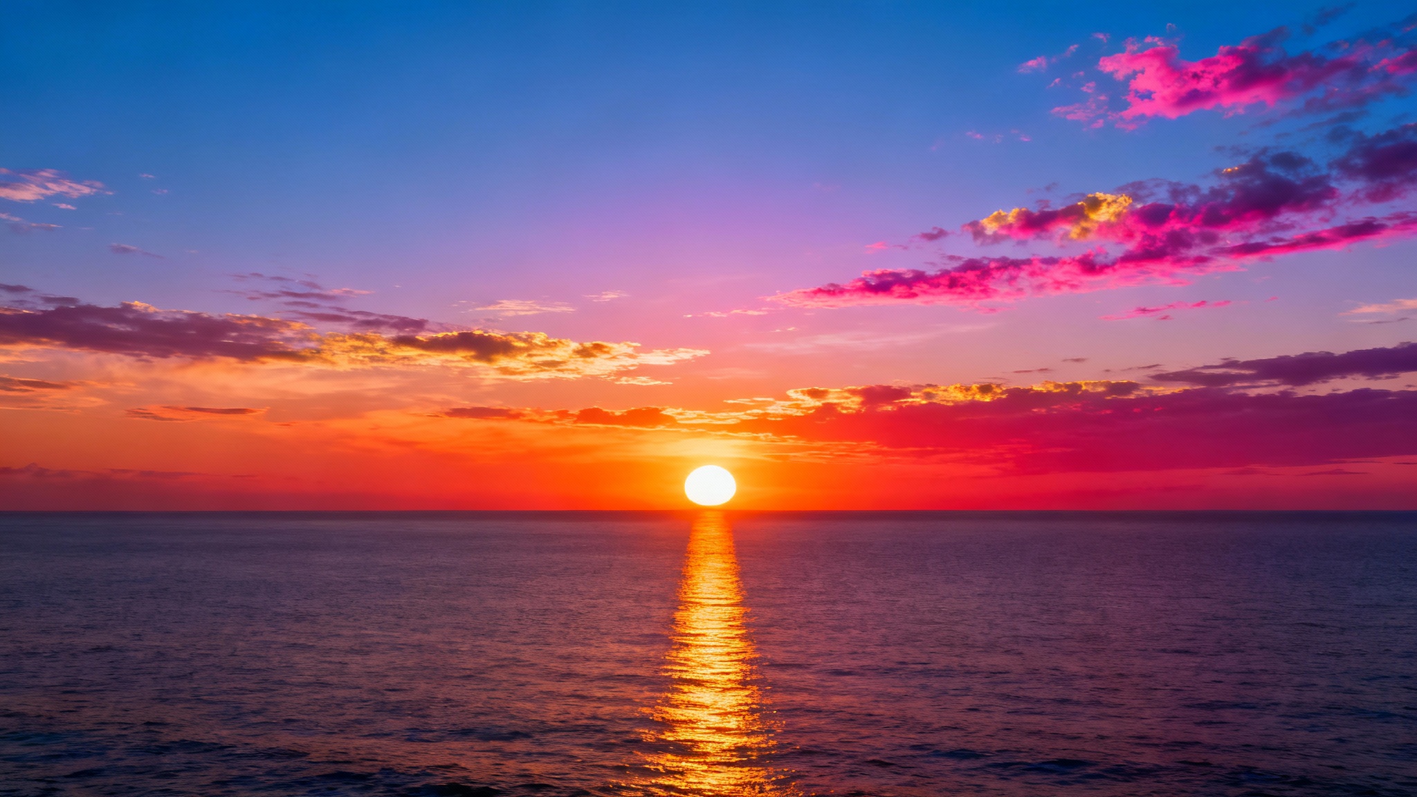 A stunning, photorealistic sunset over a calm ocean, with the sky filled with vibrant shades of orange, pink, and purple.