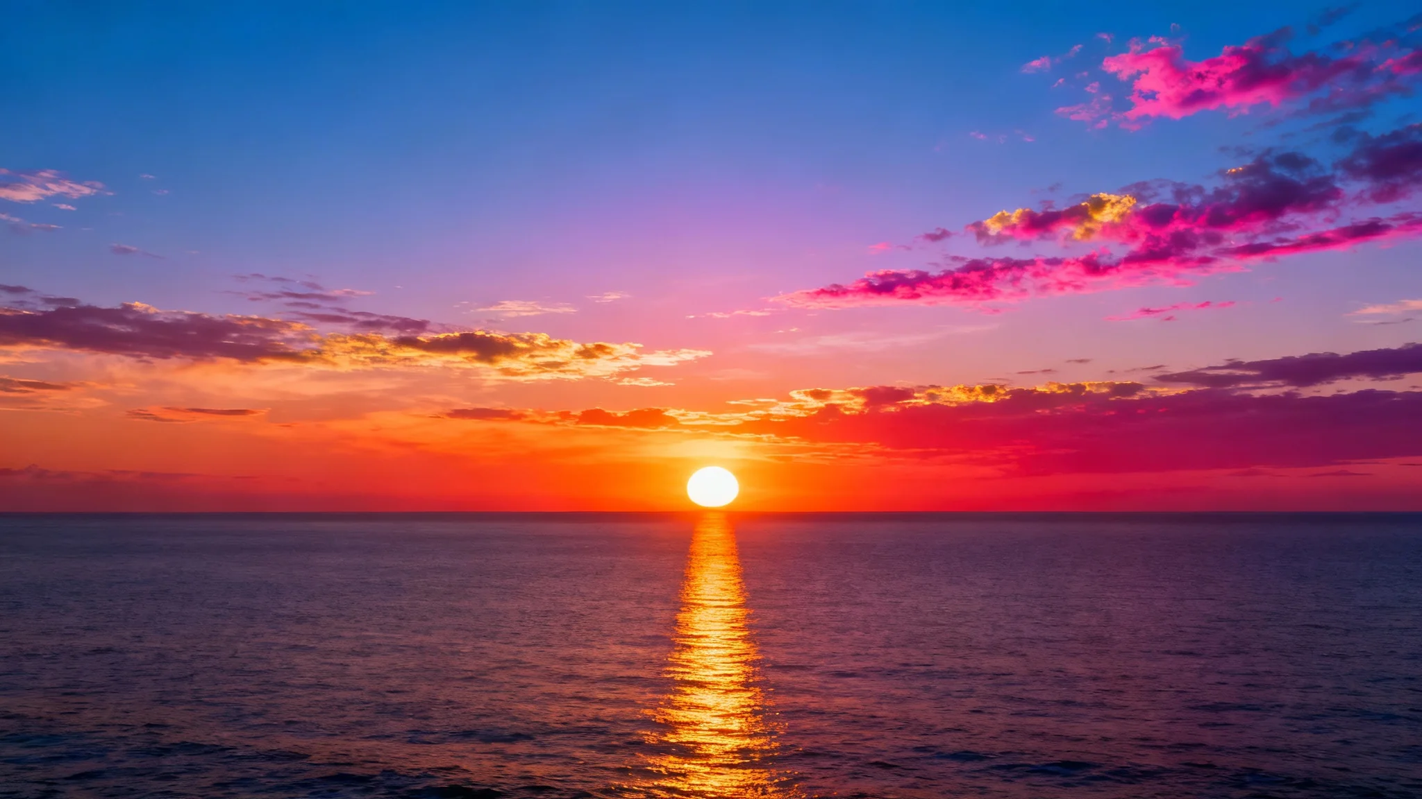 A stunning, photorealistic sunset over a calm ocean, with the sky filled with vibrant shades of orange, pink, and purple.