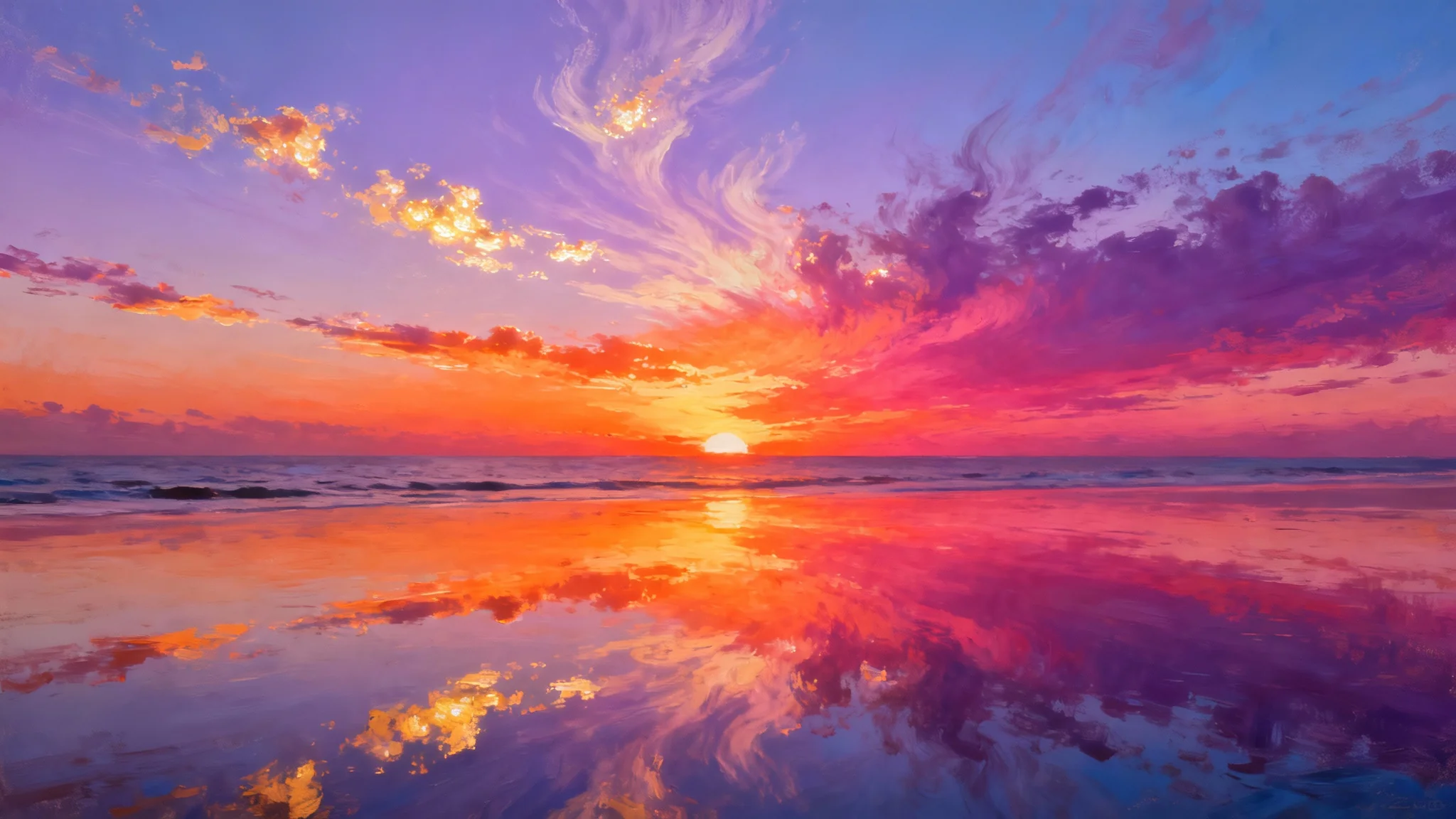 A vibrant panoramic sunset over a calm ocean, with the fiery colors of the sky reflected perfectly in the water.