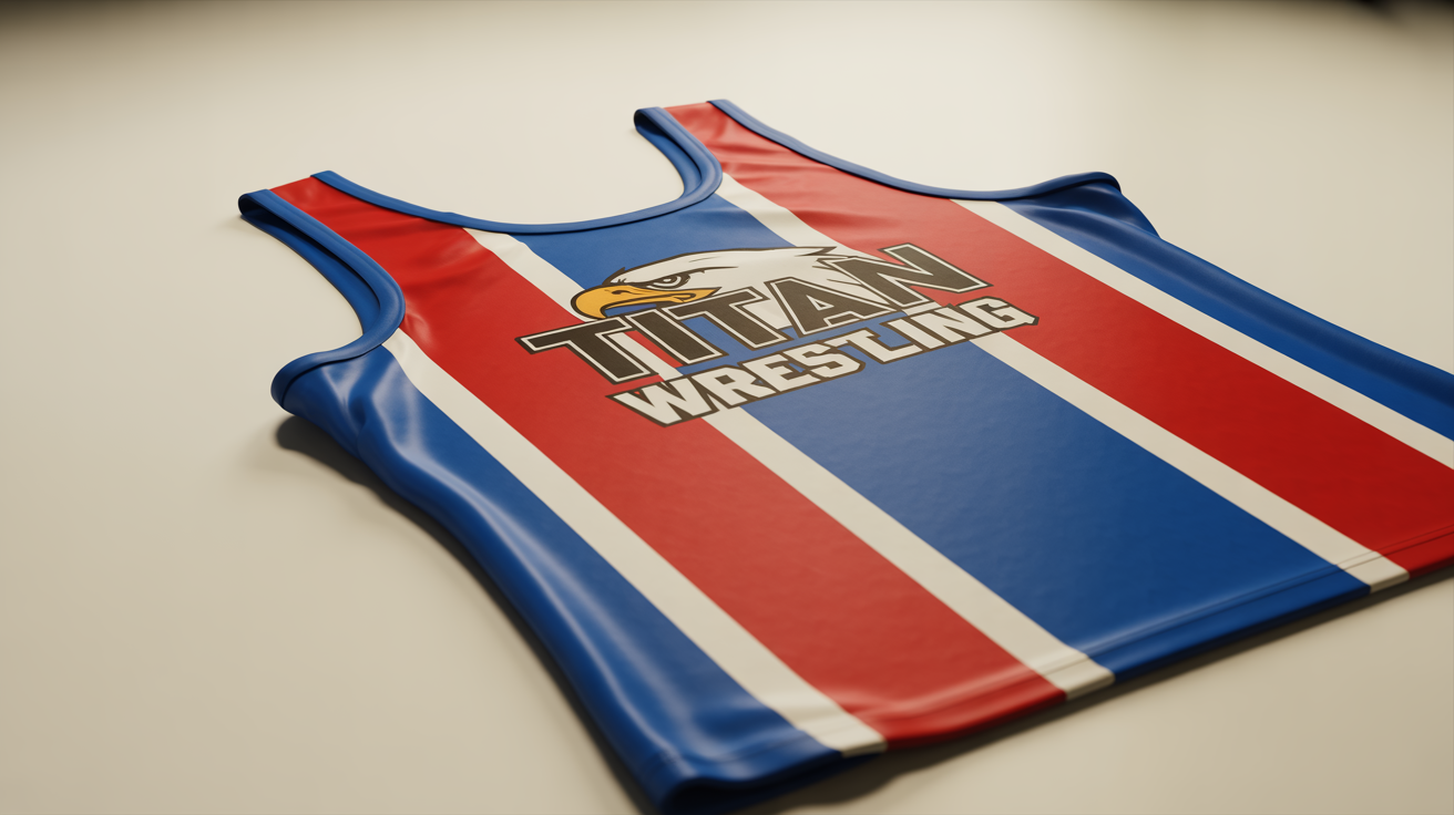 A professional product mockup of a custom red and blue wrestling singlet with an eagle logo and the text 'TITAN WRESTLING', shown in a dynamic flat lay presentation.
