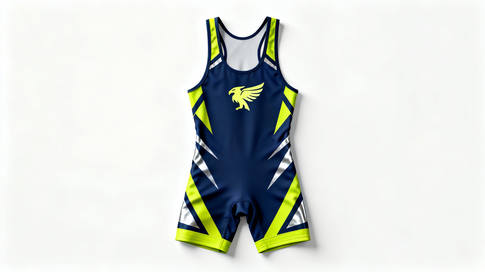 A modern, navy blue wrestling singlet with electric yellow and silver geometric side patterns, laid flat on a clean white background.