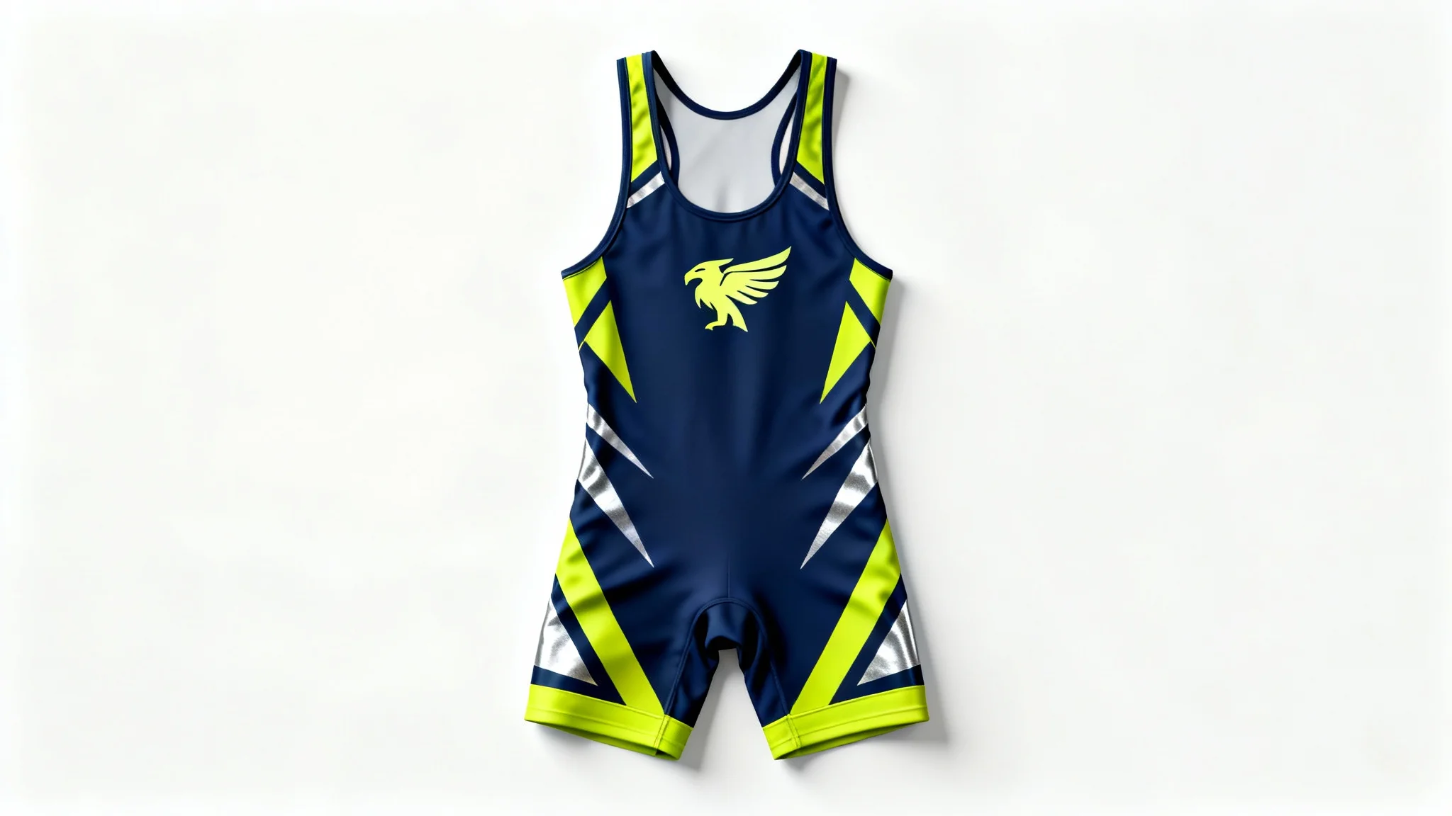 A modern, navy blue wrestling singlet with electric yellow and silver geometric side patterns, laid flat on a clean white background.