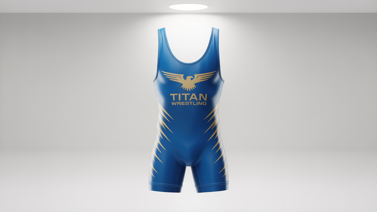 A professional product shot of a royal blue and gold wrestling singlet with a 'TITAN WRESTLING' logo, displayed on a clean white background.