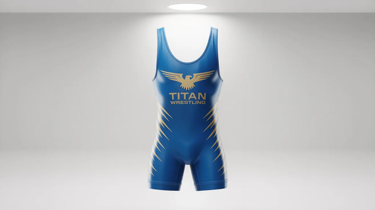 A professional product shot of a royal blue and gold wrestling singlet with a 'TITAN WRESTLING' logo, displayed on a clean white background.