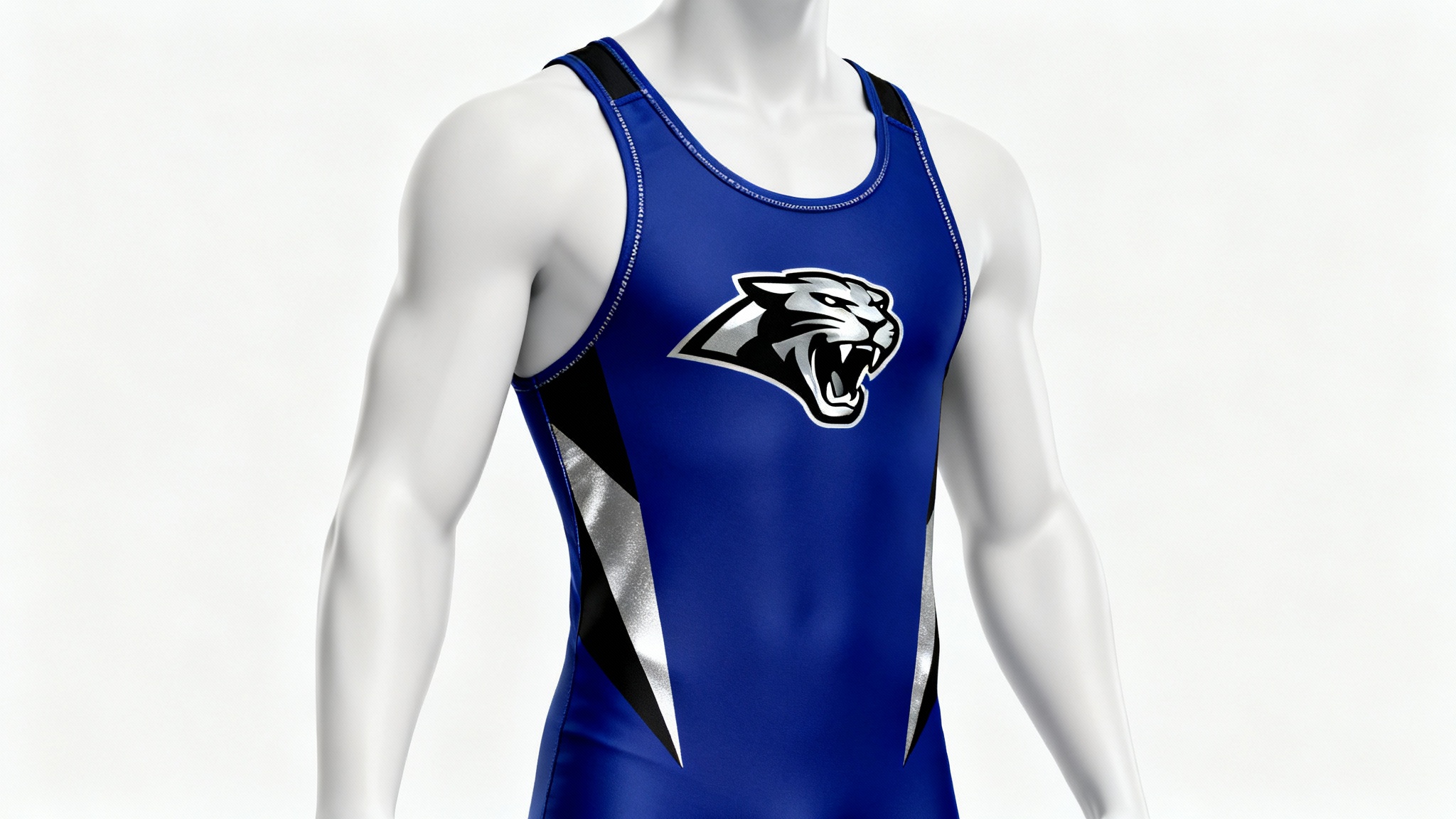 A professional mockup of a royal blue and black wrestling singlet with a panther logo, displayed on an athletic mannequin against a clean white background.