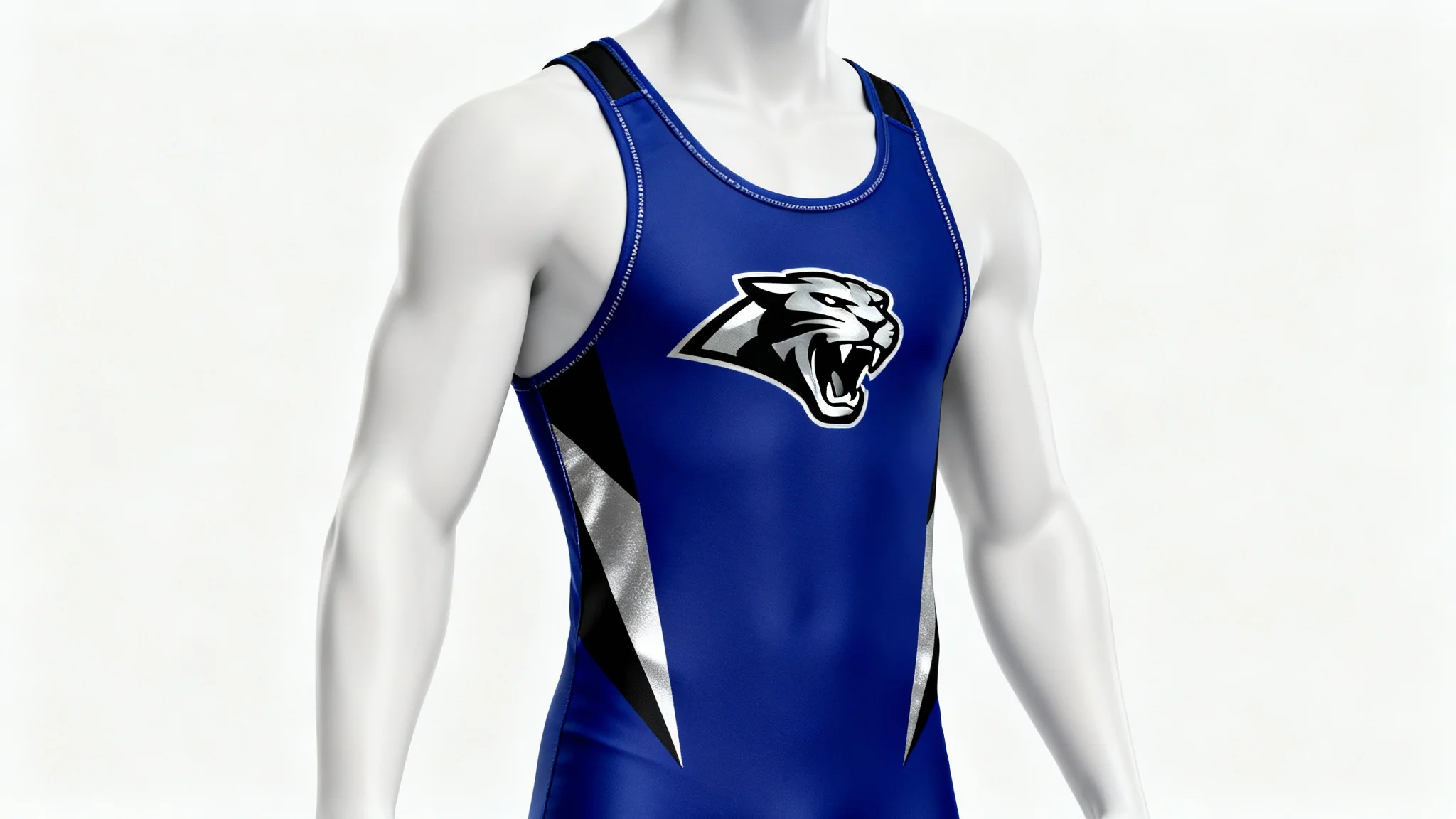 A professional mockup of a royal blue and black wrestling singlet with a panther logo, displayed on an athletic mannequin against a clean white background.