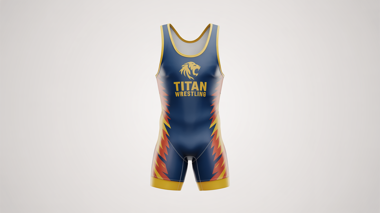 A professional product mockup of a navy blue, orange, and yellow wrestling singlet with a roaring lion graphic and the text 'TITAN WRESTLING', displayed on a clean white background.