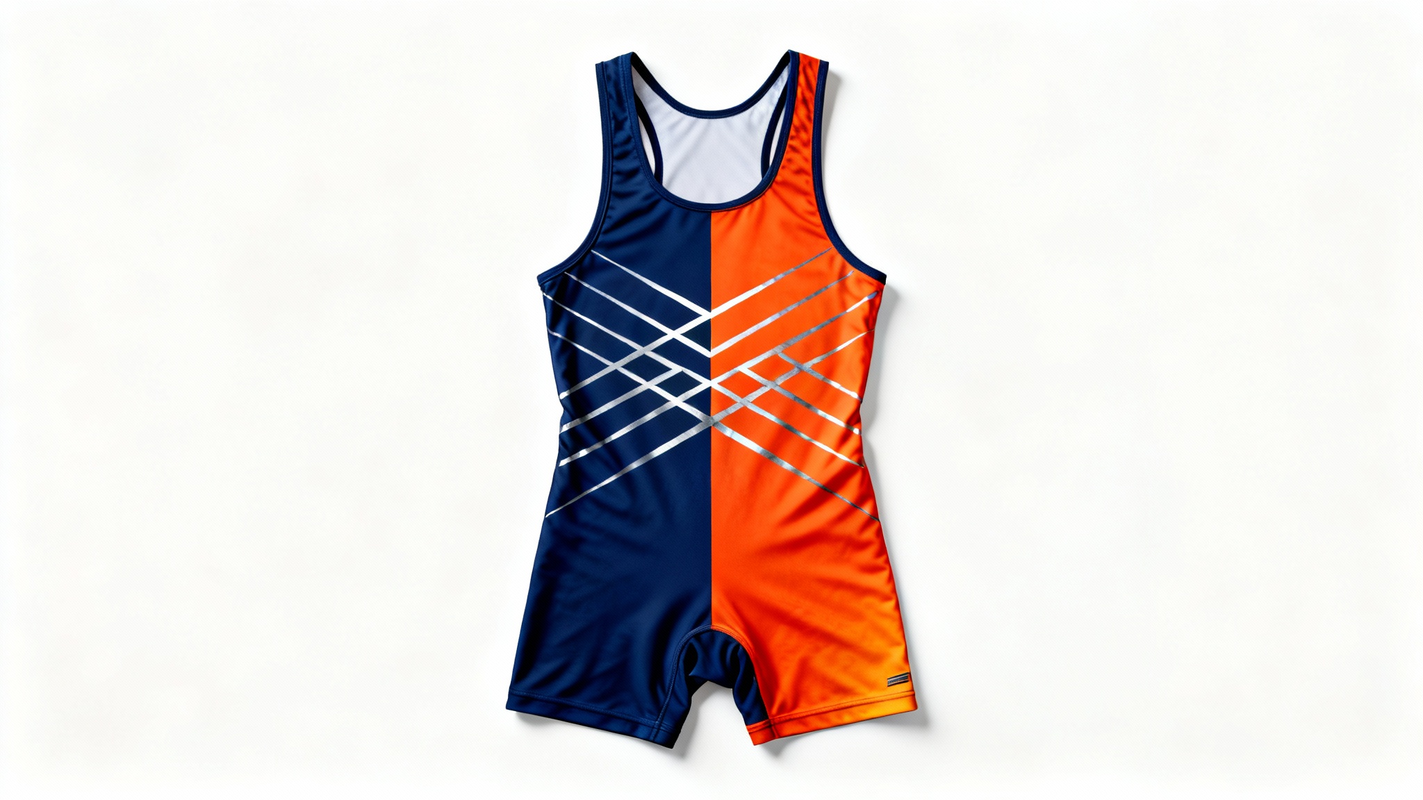 A professional product mockup of a modern wrestling singlet with a navy blue and fiery orange design, laid flat on a white background.