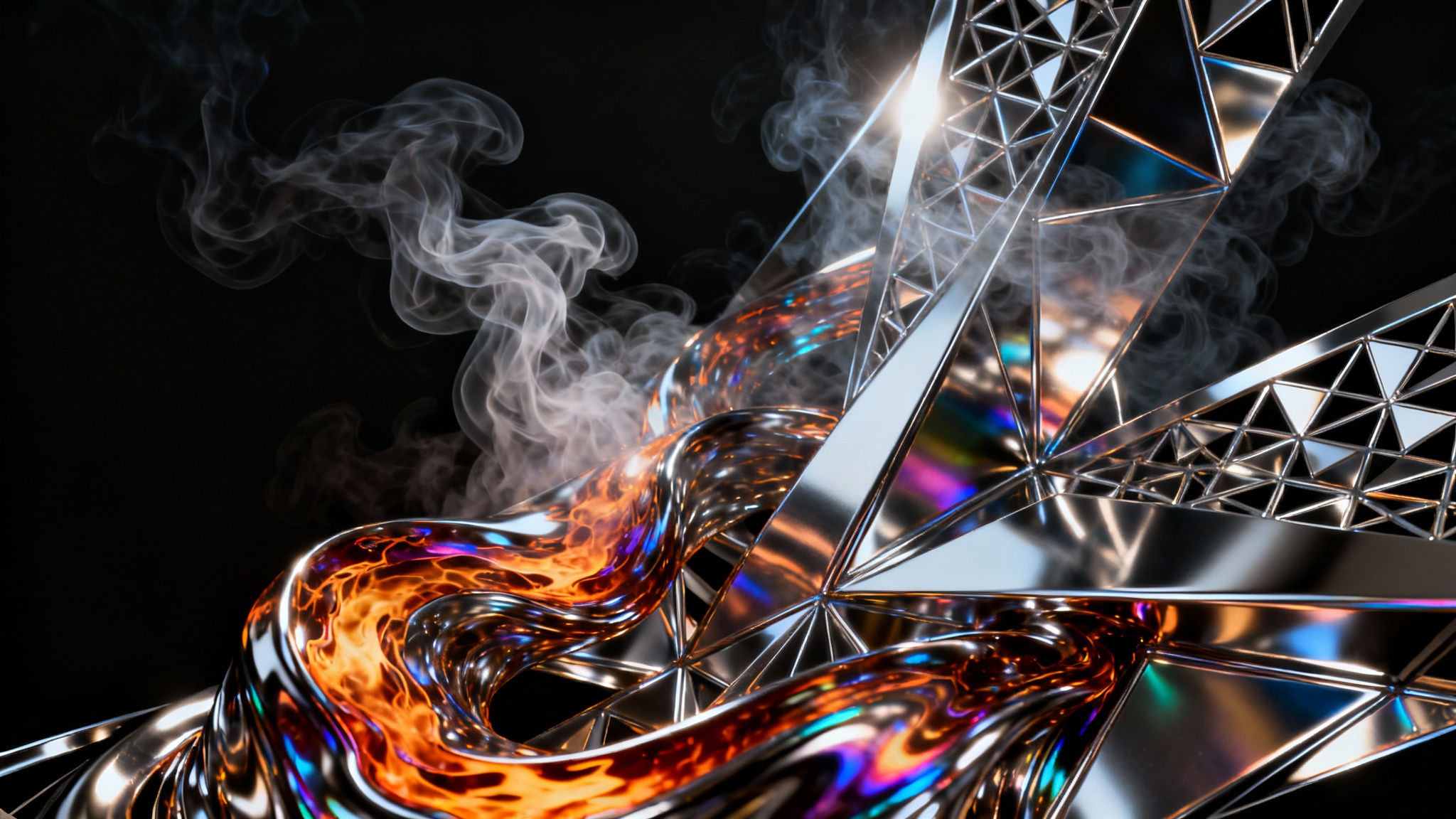 A high-resolution abstract background with a 16:9 aspect ratio, featuring swirling and sharp chrome shapes on a black canvas, creating a dynamic interplay of light and shadow with smoke-like wisps.