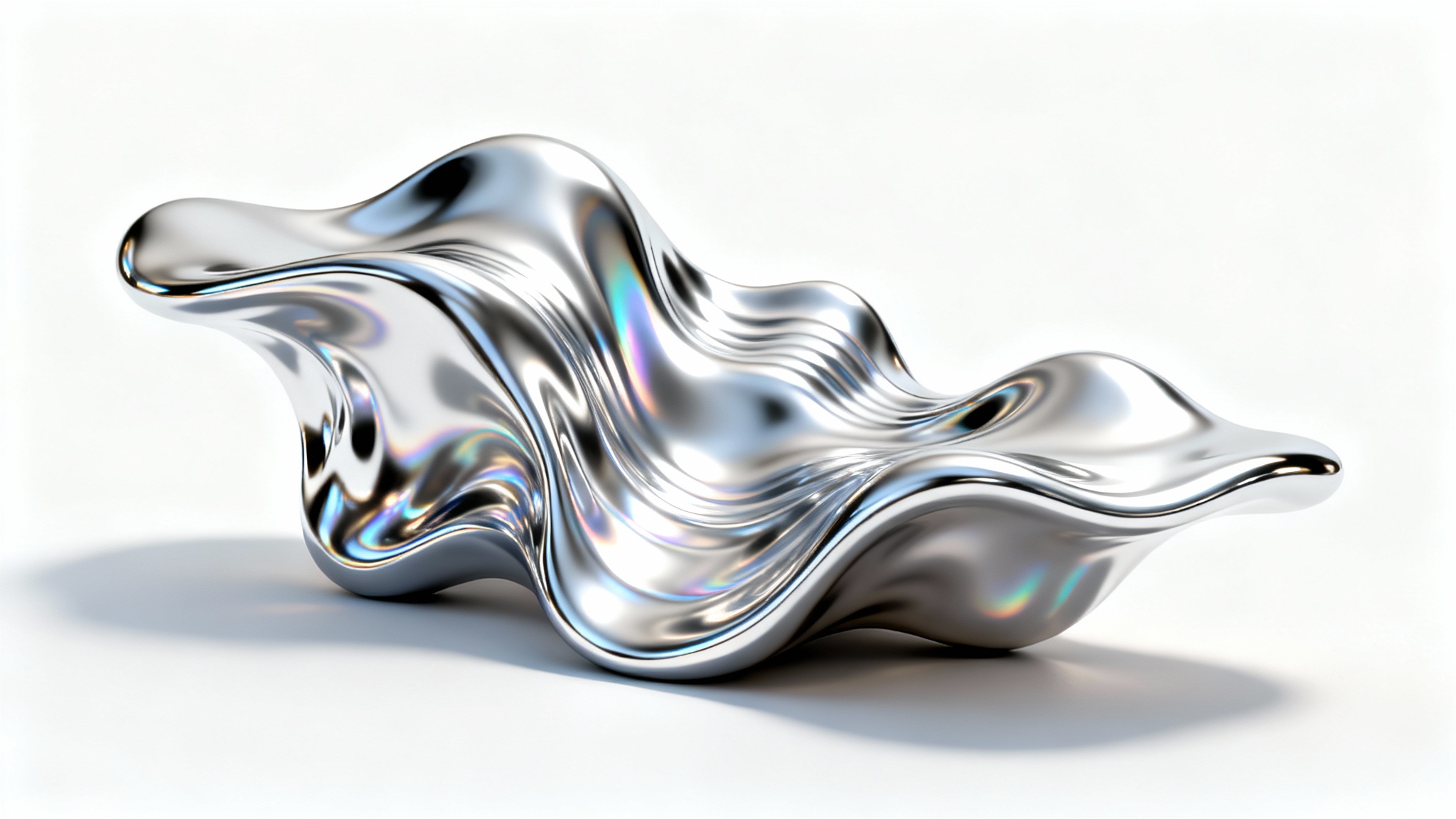 A 3D render of an abstract, liquid chrome sculpture with smooth, flowing curves, isolated against a plain white background.