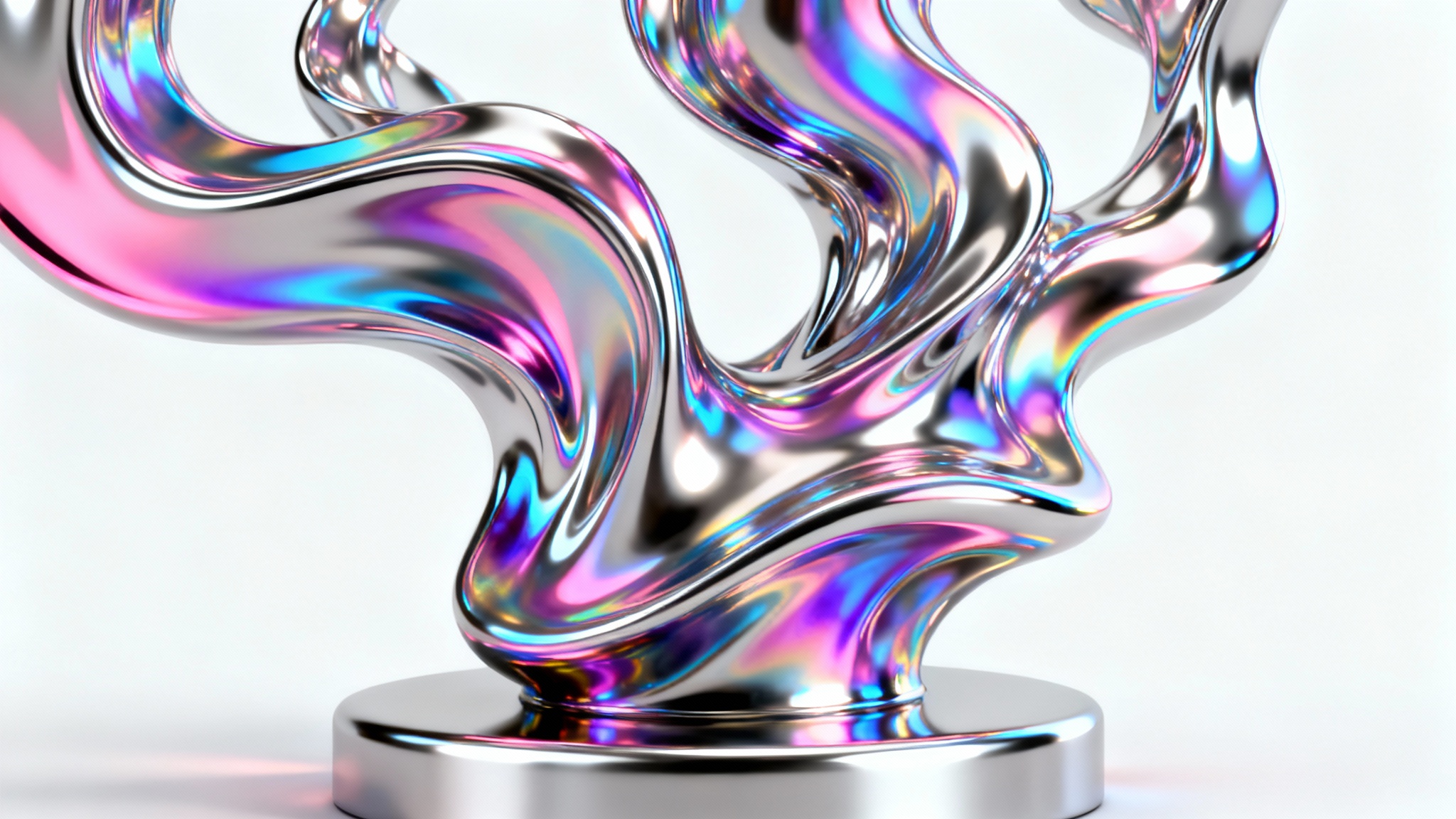An abstract 3D sculpture made of reflective, iridescent chrome with fluid, swirling shapes, set against a plain white background.