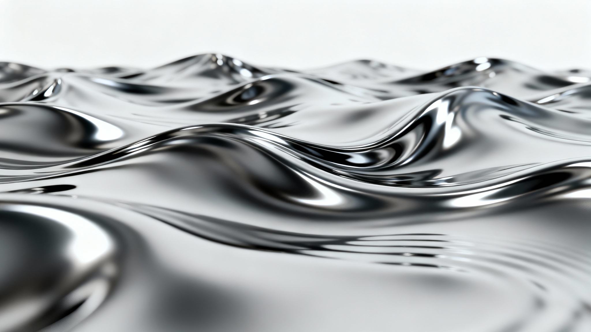 An abstract background featuring flowing, liquid chrome with smooth, reflective surfaces and elegant swirls, set against a plain white background.