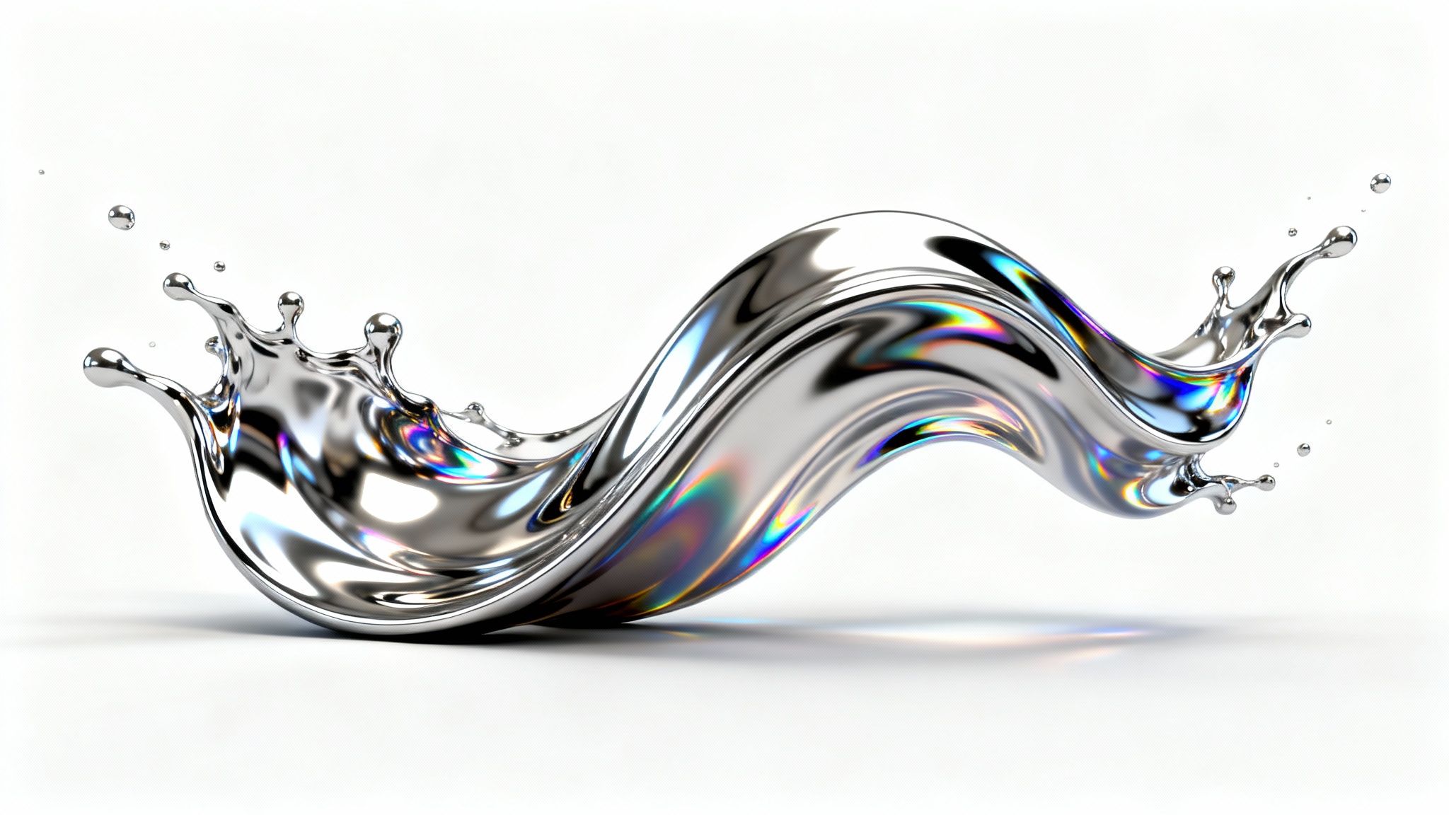 An abstract, fluid sculpture made of highly reflective liquid chrome with iridescent reflections, set against a plain white background.