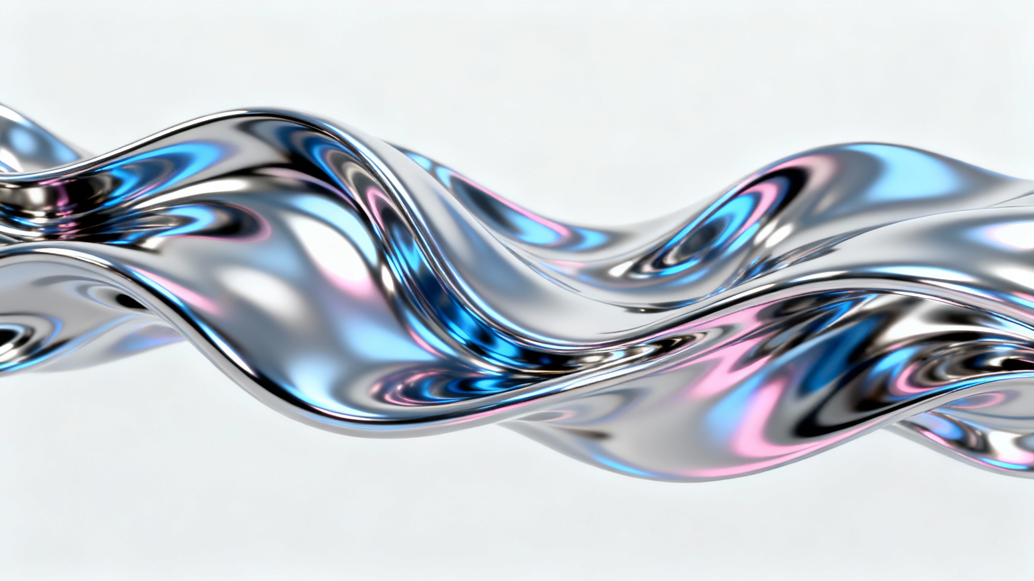 A hyper-realistic 3D rendering of an abstract, flowing liquid chrome sculpture with smooth curves and iridescent reflections, set against a stark white background.