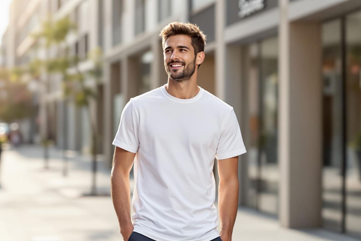 Male model in city t-shirt mockup