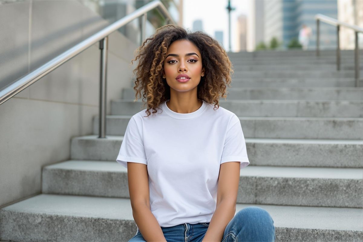 Female model sitting in stairs t-shirt mockup