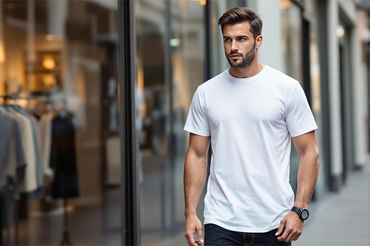 Male model at shops t-shirt mockup