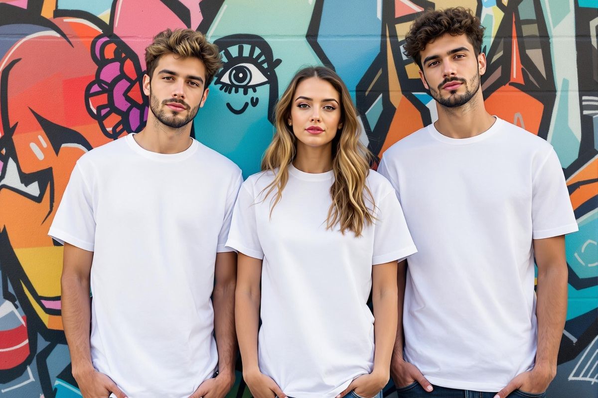 Three models in art district t-shirt mockup