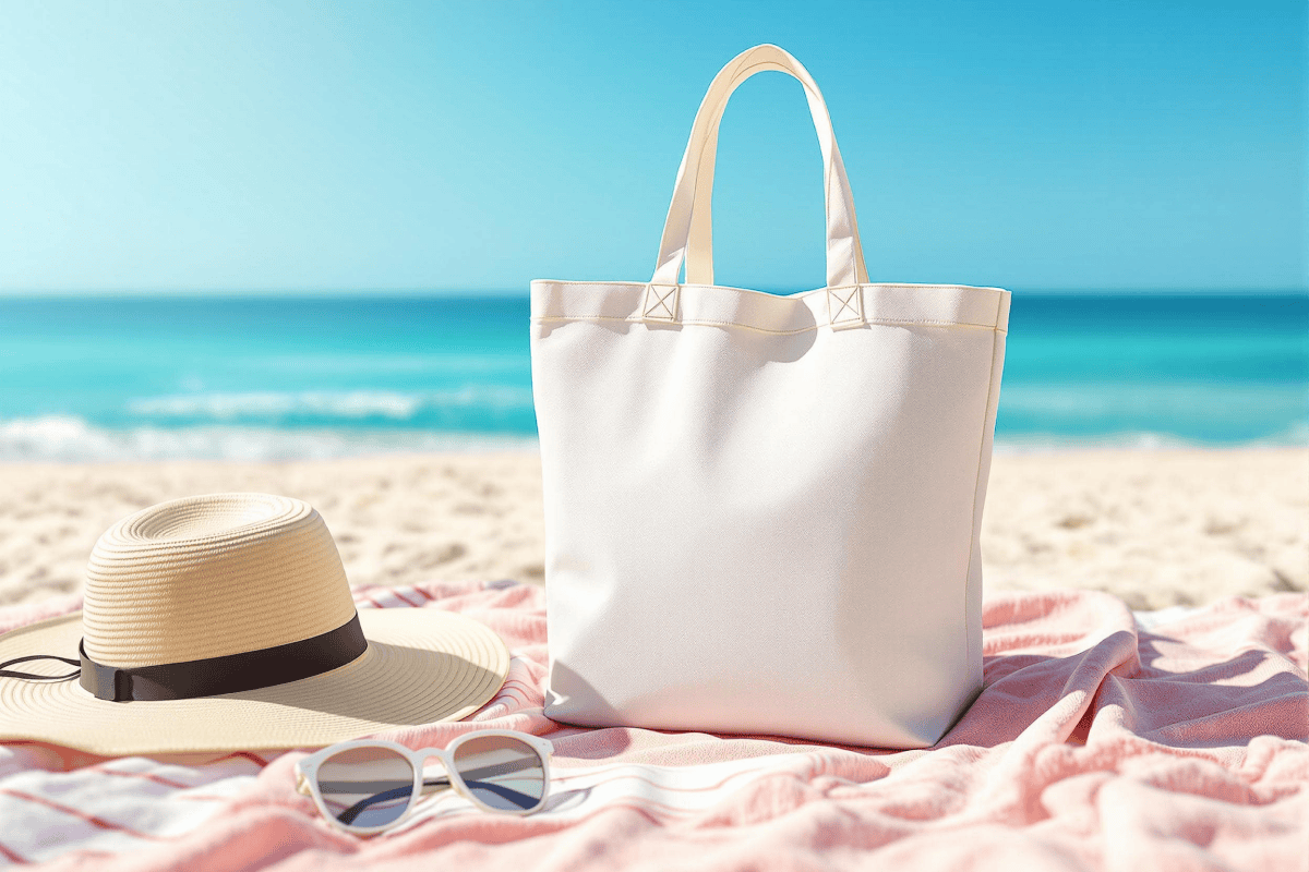 White canvas tote bag by the beach mockup