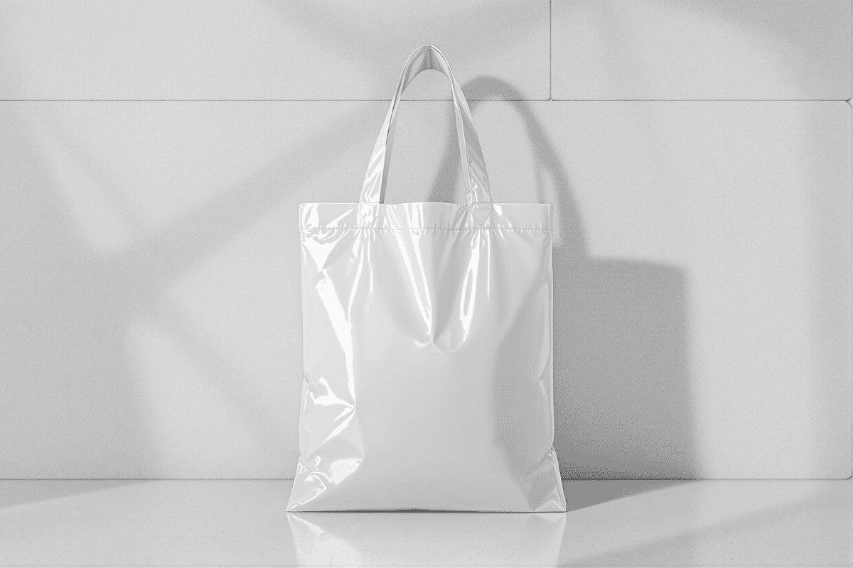 White plastic tote bag in studio background