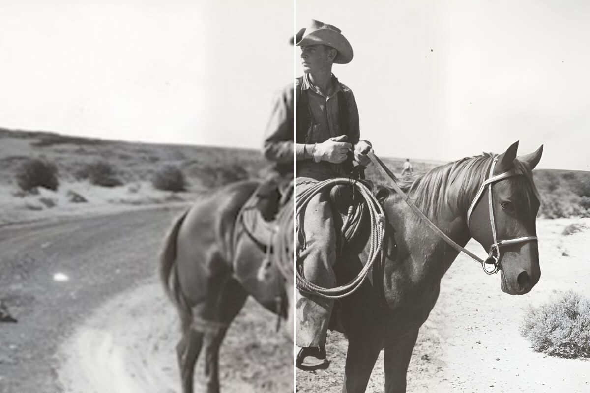 Vintage image of a man on a horse getting unblurred